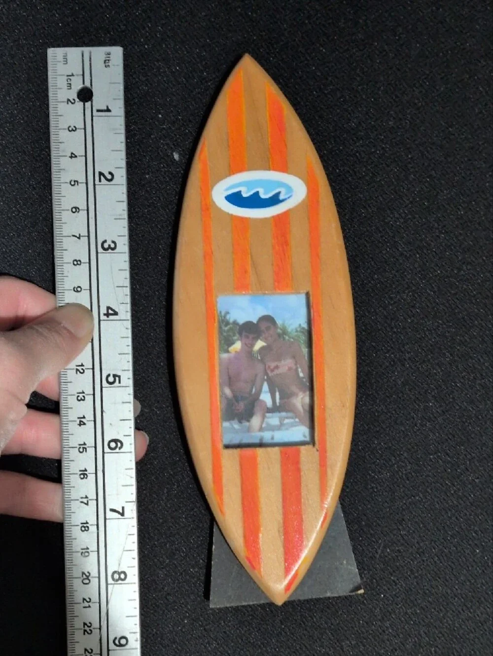 Wooden Surfboard Photo Frame - Orange Striped